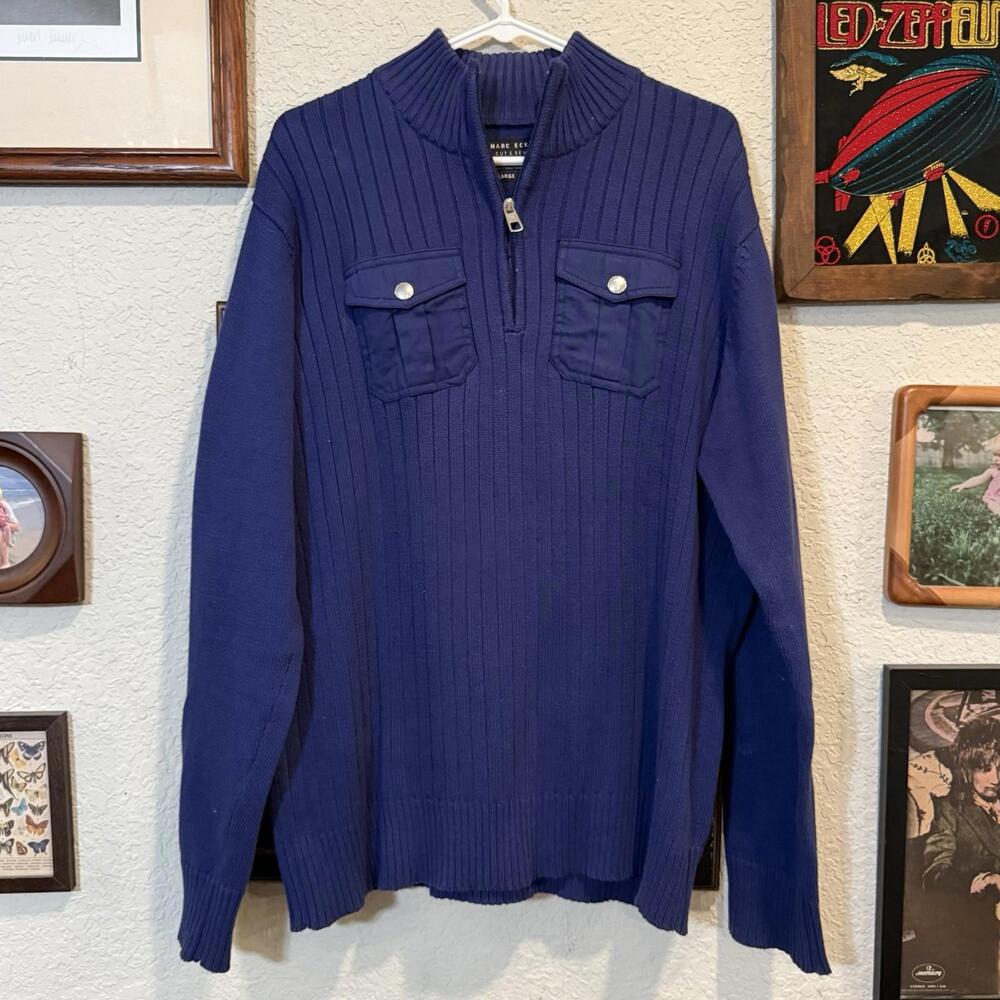 Marc Ecko Cut & Sew Sweater‎ Men Size Large Blue 1/4 Zip Snap Pockets Pullover